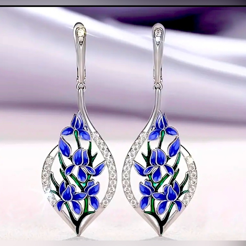 Floral Silver With Blue/Purple Orchid/Iris Earrings Zirconia Accent Dangly Stud